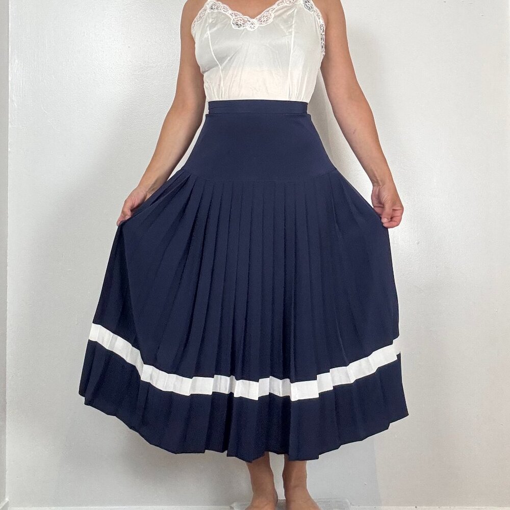 Vintage FRANK OLIVIER Navy Blue Drop Waist Pleated Skirt - Size S